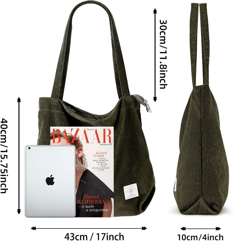 KALIDI FANCY FOREST KALIDI Women Corduroy Tote Bag Zipper Casual Tote's Handbag Big Capacity Shoulder Bag with Pockets - Image 2